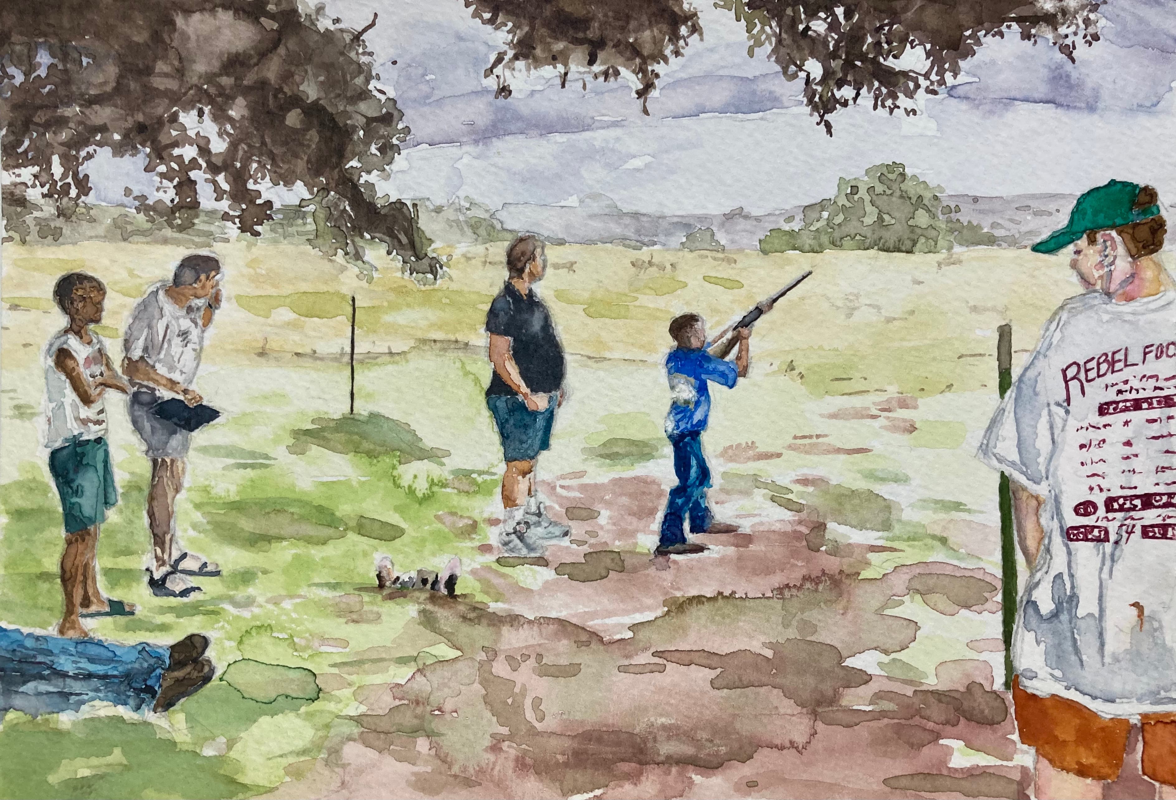 Watercolor of boy shooting clay pigeons