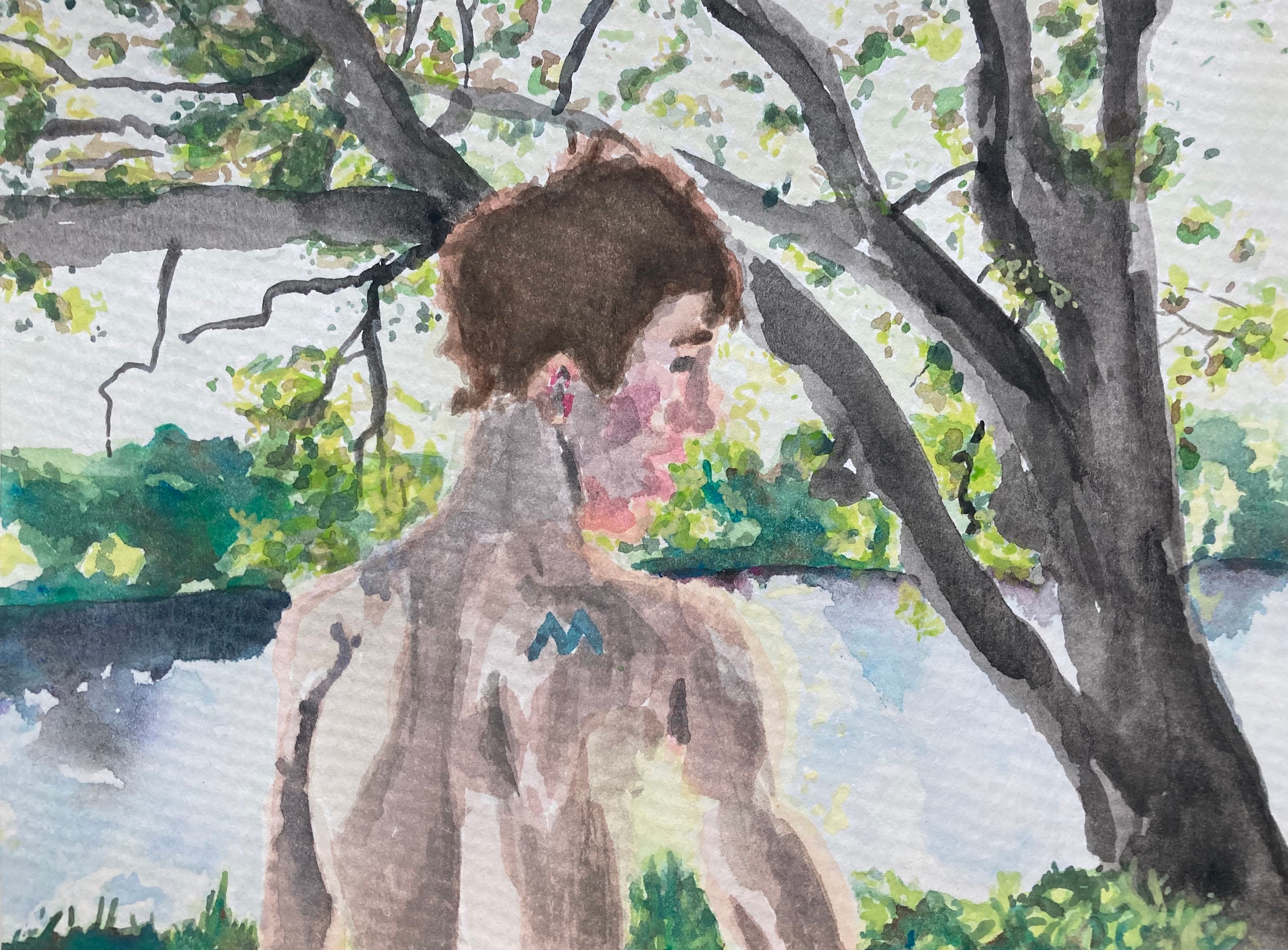 Watercolor of boy looking out at the Llano river