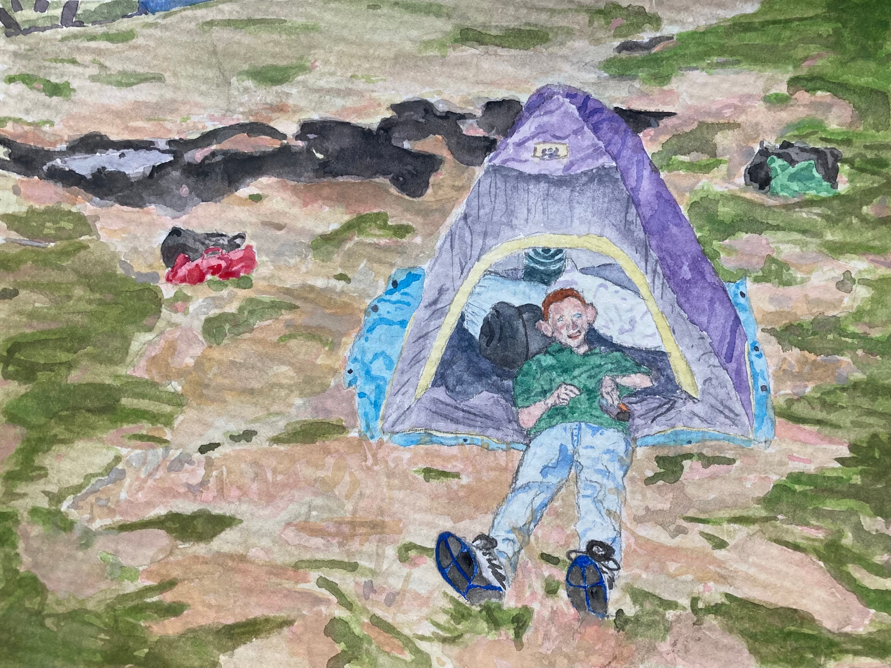 Watercolor of boy resting in tent