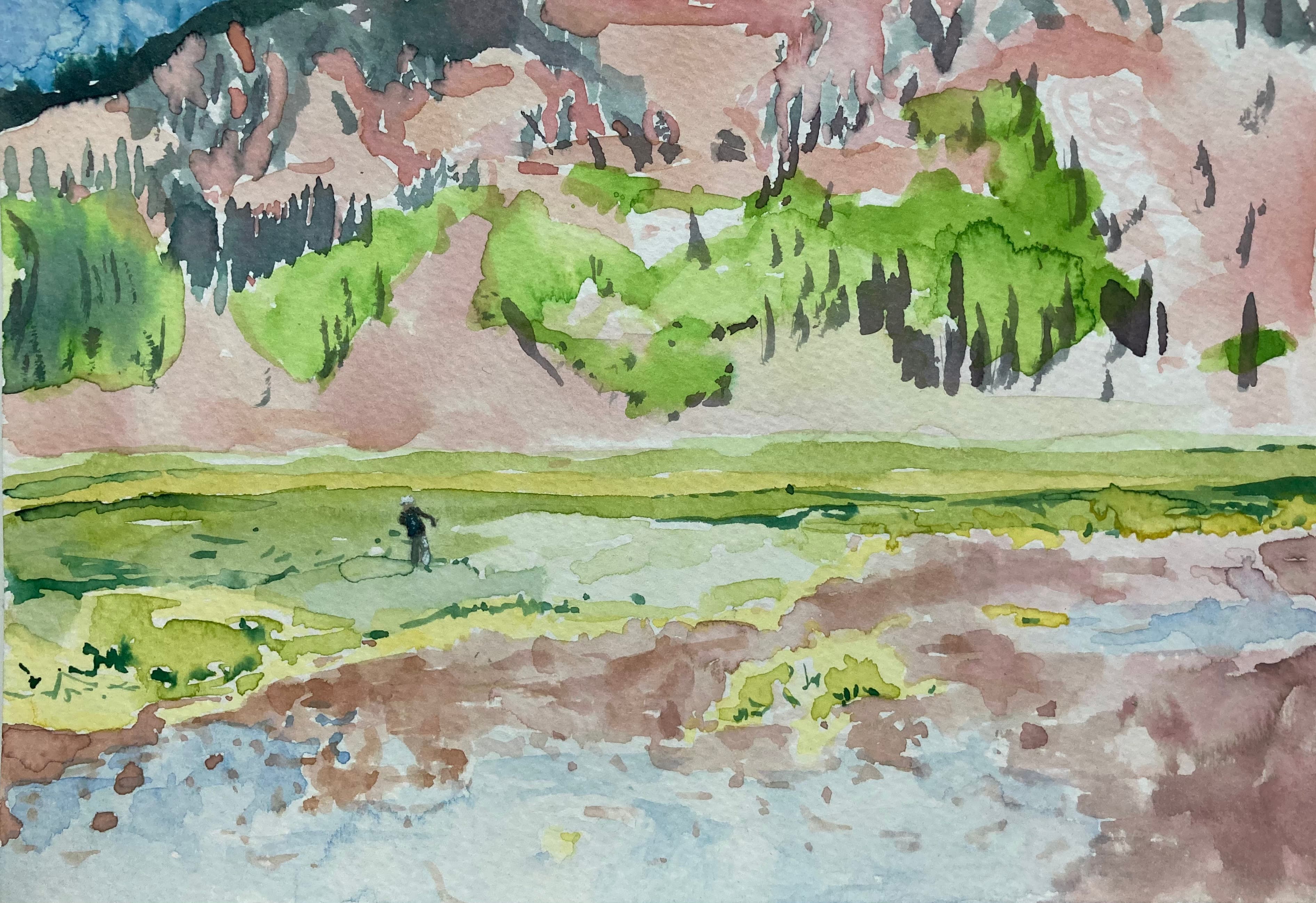 Watercolor of boy fishing in Colorado